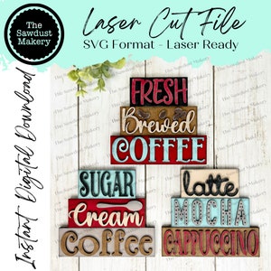 Impilatore di parole per bar del caffè / Blocco di parole mini per caffè SVG / File SVG / File tagliato al laser / Glowforge / Chicchi di caffè / Vassoio a più livelli Decorazione taglio laser svg