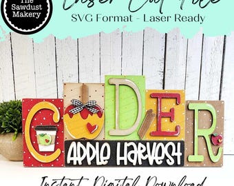 Cider Apple Harvest Word Block SVG |  Word Block SVG | SVG File | Laser Cut File | Glowforge | Mantle Decor svg | Autumn Carmel Apple svg