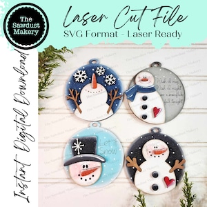 Pacote de enfeites de boneco de neve Arquivo SVG de enfeite de Natal de 3,5" | Arquivo cortado a laser | Ornamento de Natal SVG | Ornamento de boneco de neve svg | Boneco de neve SVG