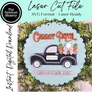 Accroche-porte carotte patch lapin fermes fichier laser SVG | Fichier de Pâques découpé au laser | SVG découpé au laser | Accroche-porte de camion de Pâques