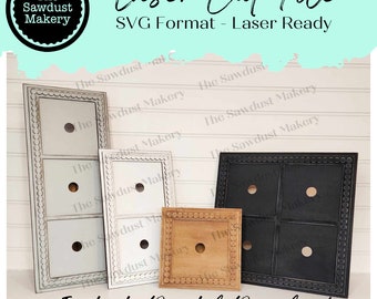 May include: Three laser cut wood frames with different designs. The frames are white, brown, and black. The frames have a decorative border of small circles. The text "Laser Cut File" and "SVG Format - Laser Ready" is at the top of the image. The text "Instant Digital Download" is at the bottom of the image.
