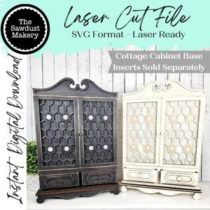 Peut inclure: Deux bases d'armoires en bois, une gris foncé et une crème, avec des portes en nid d'abeille et de petits tiroirs. Les armoires sont des fichiers découpés au laser, prêts à être assemblés. Le texte sur l'image indique "Laser Cut File" et "Instant Digital Download."