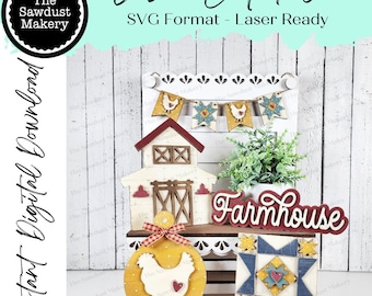 ファームハウス納屋キルトチキンブレッドボードデコレーションセット SVG ファイル | レーザーファイル | ファームハウス SVG | チキン SVG | 納屋キルト SVG | 段付きトレイデコレーション