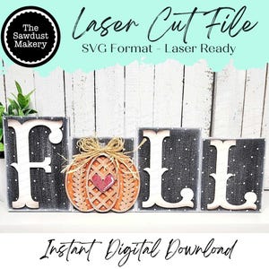 May include: Wooden "FALL" sign with a pumpkin in the center. The letters are white against a black background with white polka dots. The pumpkin is orange with a red heart and twine.