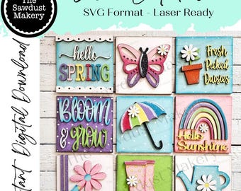 Frühling Laser Cut Dateien | Frühling austauschbare lehnende Zeichen Bundle-Datei SVG | Glühschmiede | Frühling abgestufte Tablett SVG | Bauernhaus Bilderrahmen