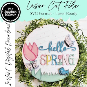 Hello Spring Door hanger SVG Laser File | Spring Laser Cut Files | Laser cut SVG | Glowforge |  Spring Door Hanger svg | Spring svg