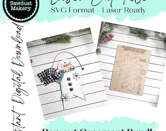May include: A laser cut file for a snowman pop-out ornament. The file is in SVG format and is ready to be used with a laser cutter. The file includes a snowman, snowflakes, and hearts. The file is shown on a brown background.