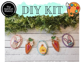 DIY Easter Banner | Easter DIY Kit | Unfinished Wood Banner Kit | Easter Wood Kit | Bunny DIY | Carrots | Easter Chick