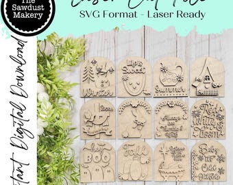 May include: A collection of laser-cut wooden seasonal signs. Each sign features a unique design and text, including "Winter," "Summer," "Fall," and "Baby it's cold outside." The signs are in SVG format and ready for laser cutting.
