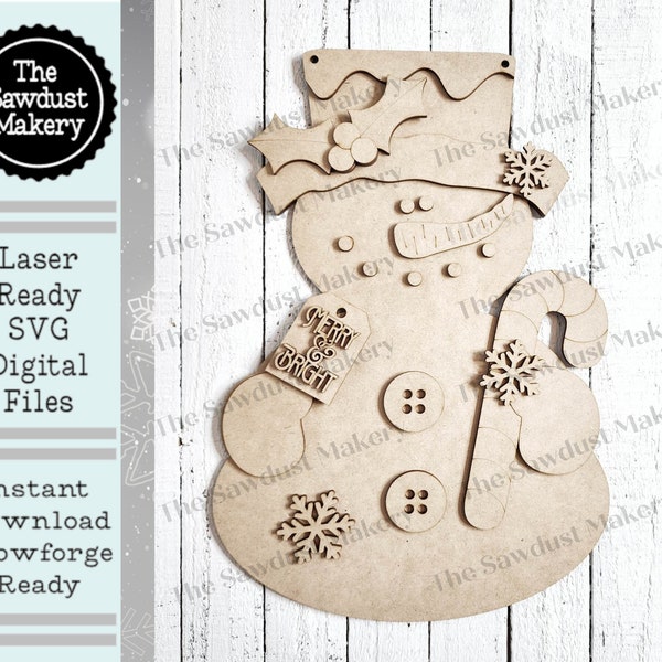 Snowman Candy Cane Door Hanger SVG | Snowman laser cut file | Merry & Bright SVG  | Glowforge | Snowman svg | Winter SVG