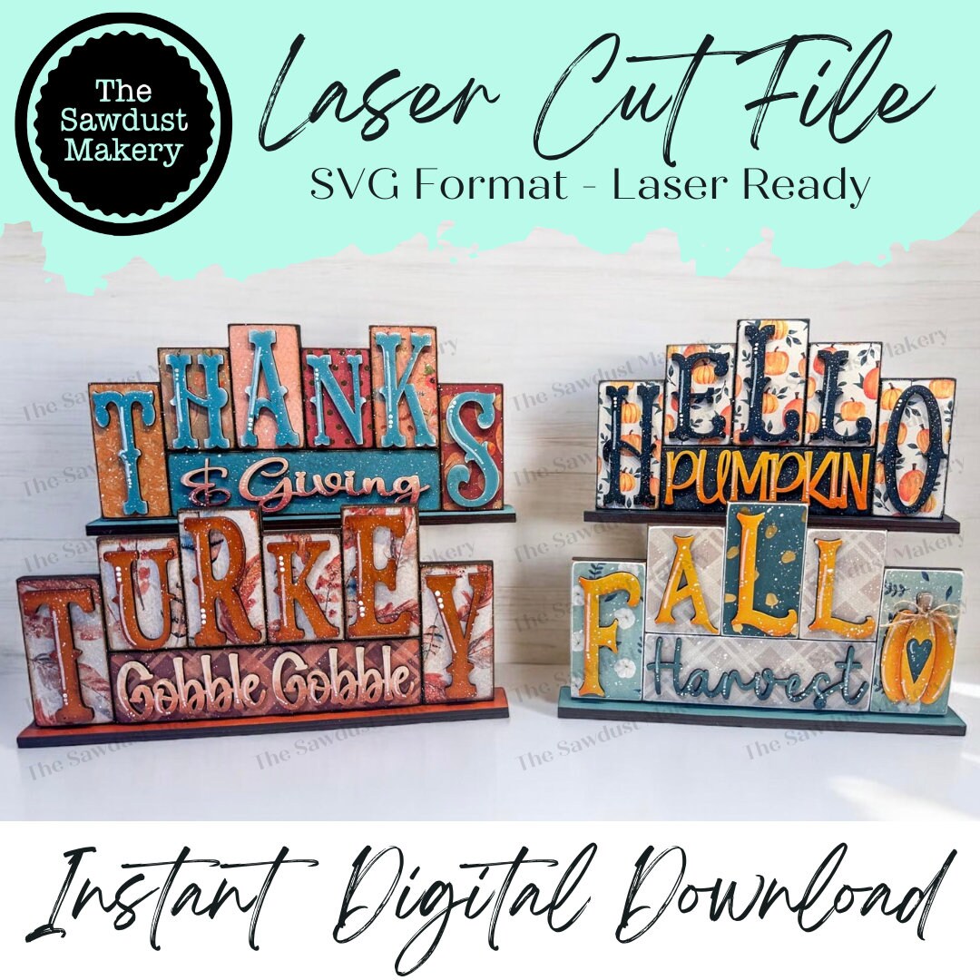 Add-on mini-woordenset herfst Thanksgiving woordblokken met 5 en 6 letters | Mini woordblok SVG lasergesneden bestand | Glowforge | Staande SVG-bestand