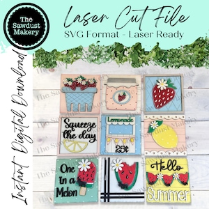 May include: Nine colorful wooden signs with summer themes. The signs feature images of strawberries, lemonade, watermelon, lemons, and a jar of jam. The signs have text that says "Squeeze the day", "One in a Melon", "Lemonade", "Hello Summer", and "25c".