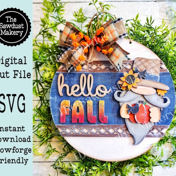 Hello Fall Scarecrow Gnome Door Hanger | Fall | Door Hanger | SVG File | Laser Cut File | Glowforge | Gnome SVG | Fall SVG