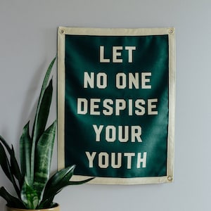 Puede incluir: Una pancarta verde oscuro con el texto "LET NO ONE DESPISE YOUR YOUTH" en letras blancas. La pancarta está enmarcada con un borde color crema y cuelga de una pared gris. Una planta en maceta y libros están en primer plano.