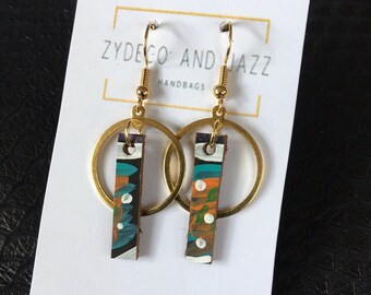 Brass Earrings, Hand painted earrings, Statement earrings, leather dangle earrings, Marbled Earrings, Gold Plated Earring, Teal Earring