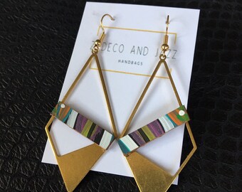 Brass Earrings, Hand painted earrings, Statement earrings, leather dangle earrings, Leather Earrings, Gold Plated Earring, Teal Earring