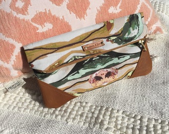 floral clutch, Leather clutch purse, bridesmaid gift, mothers day gift, clutch bag, leather crossbody handbag, foldover clutch, linen purse