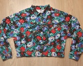 Vintage Floral Denim Jacket, 80s 90s Floral Print Jacket, Size 16