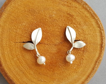 Stud earrings TWO LEAVES with PEARL, hand-forged from solid 925 silver