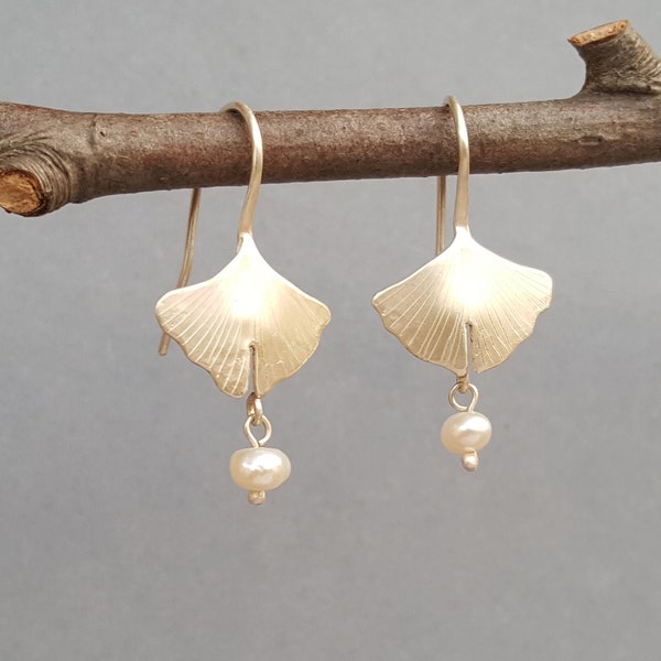 GINKGO PEARL silver ear hooks 925 silver, hand-forged