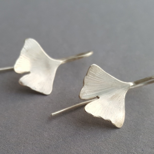 GINGKO II silver ear hooks 925 silver, hand-forged