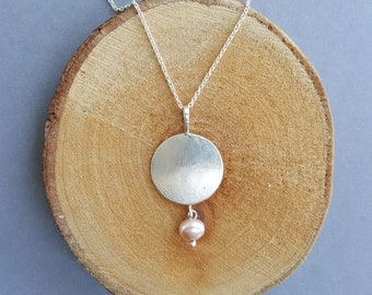 MOON pink PEARL SILVER PENDANT, hand forged from solid 925 sterling silver with pink freshwater pearl