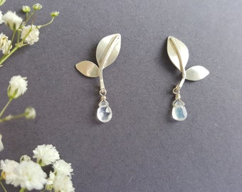 Bridal stud earrings TWOLEAVES with RAINBOW MOONSTONE, hand-forged from solid 925 silver