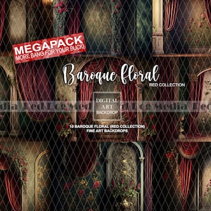 MEGAPACK 10 Baroque Floral Fine Art Backdrops (RED Collection), Boho Fine Art Digital Backdrop, Photoshop Overlays, Boho Digital Backdrops