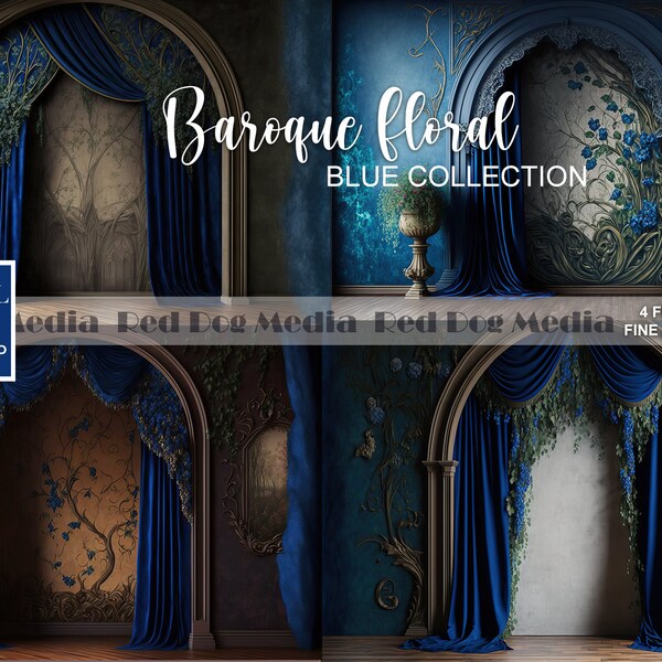 4 Baroque Floral Fine Art Backdrops (BLUE Collection), Baroque Fine Art Digital Backdrop, Art Print, Baroque Digital Backdrops