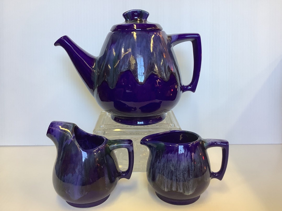 Midcentury Cobalt Blue Drip Glaze Quebec Beauce Pottery Teapot Cream