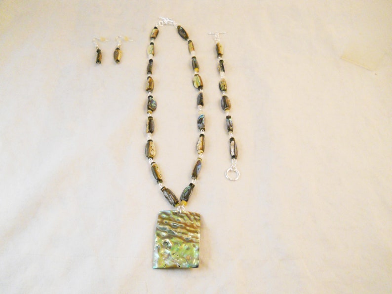 You Choose Necklace Length Silver Plated You Choose Closure Style 50x35mm Rectangle Focal Nugget Paua Shell Jewelry Set