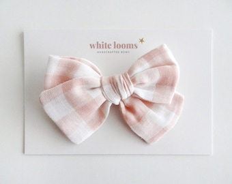 Baby Bows Beige Gingham Hair Bow - Baby girl gifts - Baby Headband - Blush Hair Bows - Baby Shower Gift - Back to School Hair Bows