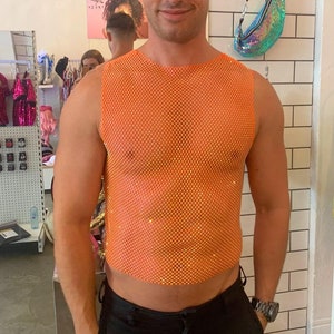 Orange Rhinestone Top, Mens Rave Top, mens festival clothing, unisex pride top, party top, Rhinestone mens Crop / Sparklebutt