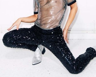 Mens Rave pants, Burning Man Leggings, Black Sequin Pants, festival clothing men, Meggings, Mens Halloween Costume, pride / Sparklebutt