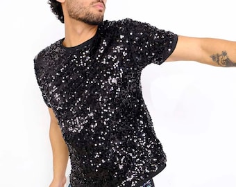 Sequin T-Shirt, Festival T-Shirt, Mens Sequin T-Shirt, Black Sequin T-Shirt, Pride Top, Festival Top, Mens Festival Top / Sparklebutt