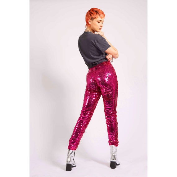 Pink Sequin Sparkly Disco Pants for Women and Men. Personalised Pink Sequin  Leggings. Festival Outfit. 