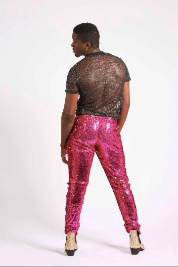 Mens Festival Outfit, Burning Man Leggings, Pink Sequin Pants