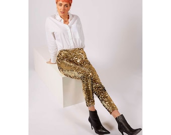 Women's Festival Pants, Burning Man Leggings, Gold Sequin Pants