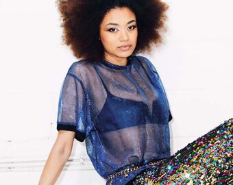 T-shirtjurk dames rave, Burning Man T-shirt, blauwe clubbing-outfit,  festivalkleding dames, doorschijnende top dames, pride-feest Sparklebutt