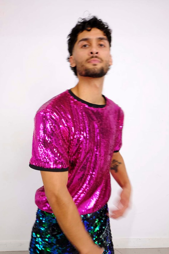 Sequin T-shirt, Festival T-shirt, Mens Sequin T-shirt, Pink Sequin