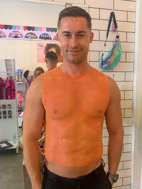 Orange Rhinestone Top, Mens Rave Top, Mens Festival Clothing