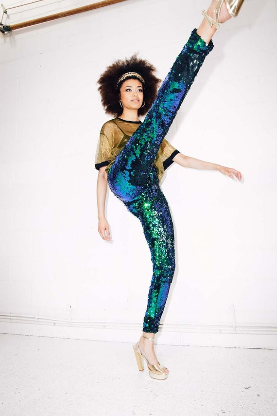 Women's Festival Pants, Burning Man Leggings, Green Blue Sequin