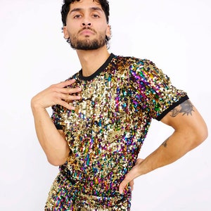 Sequin T-Shirt, Festival T-Shirt, Mens Sequin T-Shirt, Rainbow Gold T-Shirt, Pride Top, Festival Top, Mens Festival Top / Sparklebutt