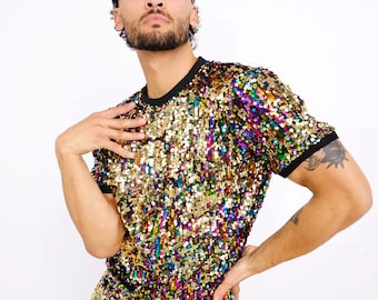 Sequin T-Shirt, Festival T-Shirt, Mens Sequin T-Shirt, Rainbow Gold T-Shirt, Pride Top, Festival Top, Mens Festival Top / Sparklebutt