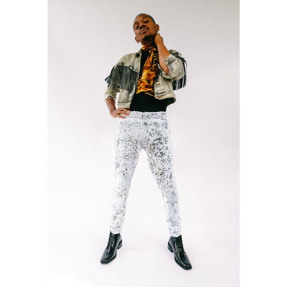 Mens Rave Clothing Burning Man Leggings Silver Sequin Pants