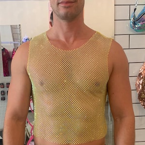 Gele strass-top, heren rave-top, festivalkleding heren, uniseks pride-top, feesttop, strass heren crop / Sparklebutt