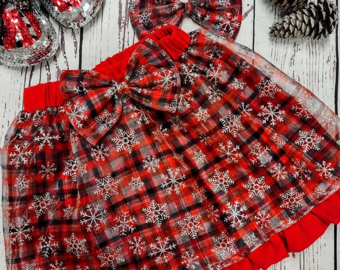 Girls Christmas Plaid Sparkle Bow Skirt