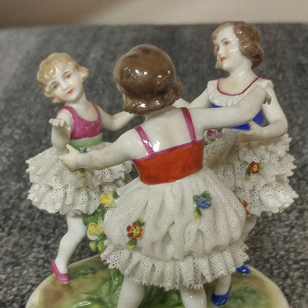 MINT Dresden Lace Ballerinas Dancing Ring around the Rosy, made by Müller-Volkstedt between 1907-1945