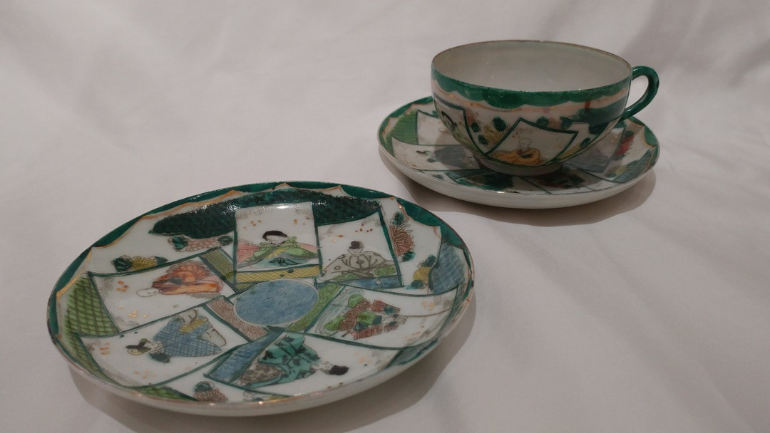 Antique Matching Japanese Bone China Tea Cup and 2 Saucers Samurai