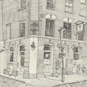 May include: A black and white line drawing of a brick building with a sign that reads "The Pineapple". The building has a door and windows. There are people walking in front of the building.